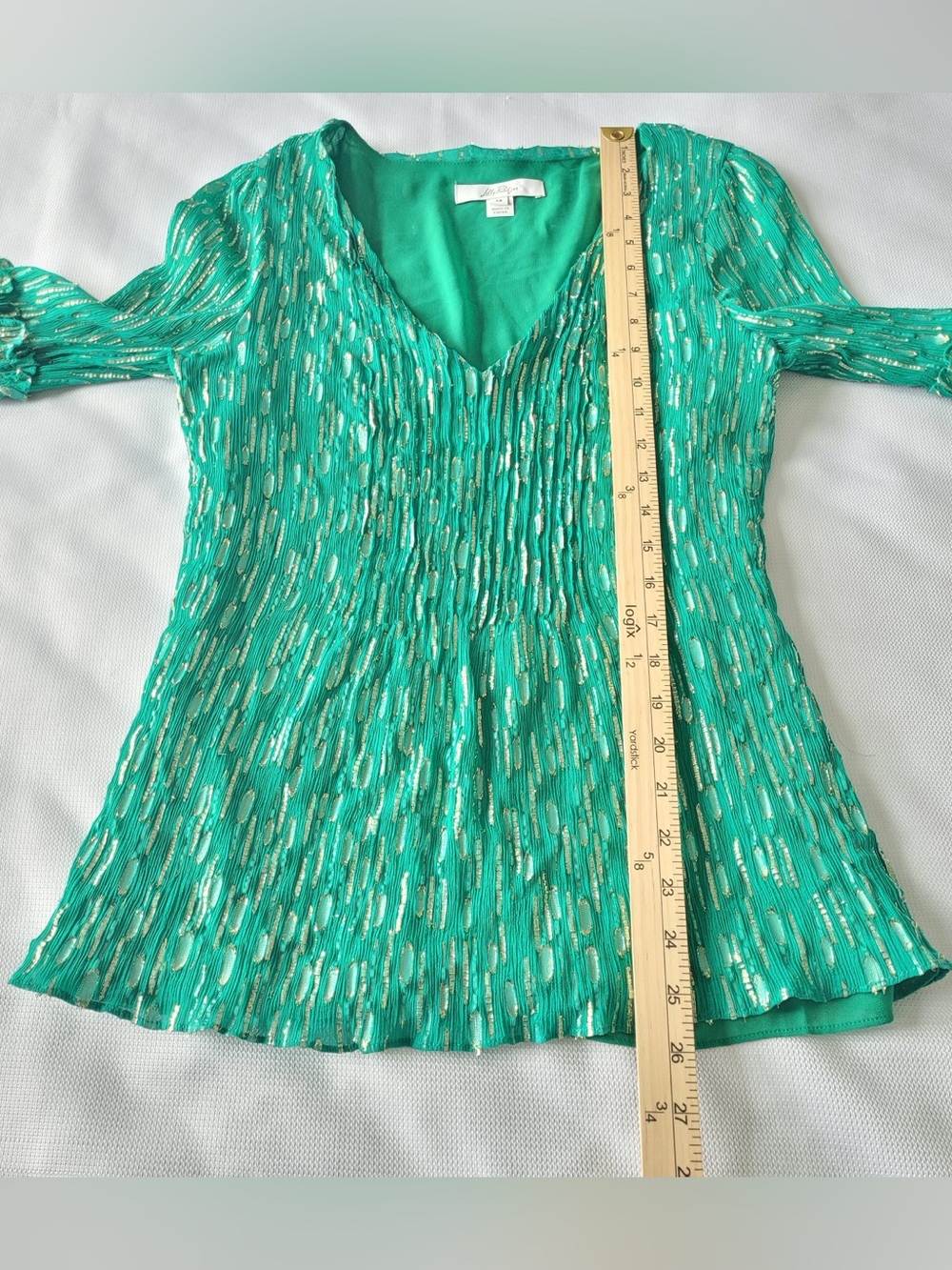 ✅ Lilly Pulitzer Cleme Long Sleeve Top Fiddle Leaf Green Mystical Metallic sz 14 - Picture 4 of 11